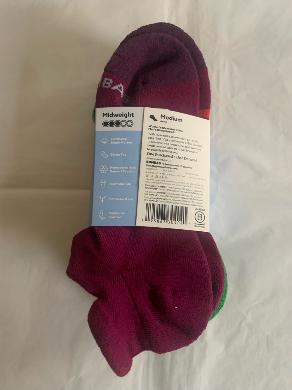 New in package Bombas x Peanuts Crew Socks in Green and Purple - Picture 2 of 4